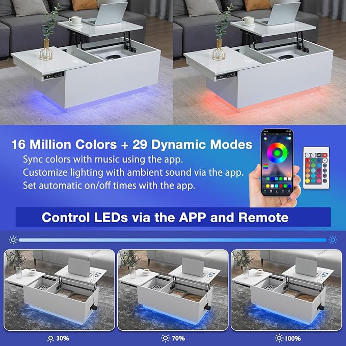 HOMMPA LED Coffee Table for Living Room Lift Top Coffee Tables with Power Outlet White Morden Center Table with Storage Hidden Compartment High Gloss Lift Tabletop - LeafyLoom