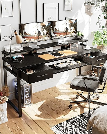 ODK Computer Desk Study Table, 63 Inch Office Desk with Drawers and Keyboard Tray, Study Desk Work Desk with Monitor Shelf, Writing Desk with Storage for Home Office, Black - LeafyLoom