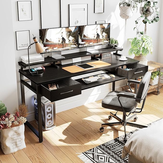 ODK Computer Desk Study Table, 63 Inch Office Desk with Drawers and Keyboard Tray, Study Desk Work Desk with Monitor Shelf, Writing Desk with Storage for Home Office, Black - LeafyLoom