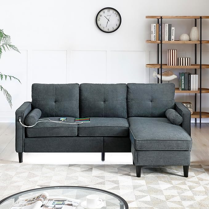 3 Seater L Shaped Convertible Sectional Sofa Couch with Reversible Chaise , Linen Upholstered Corner Sleeper Lounge Sofá with 2 USB Ports and LED Lights ,Storage for Small Space Living Room Apartment - LeafyLoom