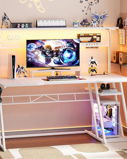 55'' White Gaming Desk with Hutch and LED Lights, Gaming Computer Desk with Storage Shelves & Z-Shaped Legs, Reversible PC Gaming Desk with Pegboard, Ergonomic Desk for Bedroom, Carbon Fiber Surface - LeafyLoom