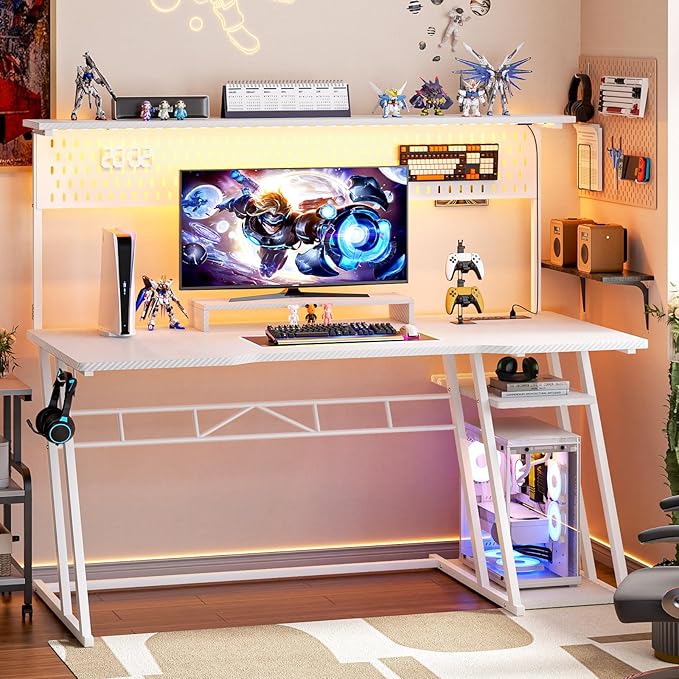 55'' White Gaming Desk with Hutch and LED Lights, Gaming Computer Desk with Storage Shelves & Z-Shaped Legs, Reversible PC Gaming Desk with Pegboard, Ergonomic Desk for Bedroom, Carbon Fiber Surface - LeafyLoom