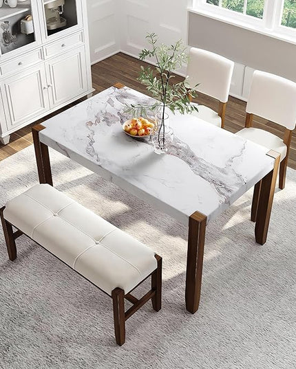 NicBex Dining Table Set for 4 Kitchen Table Set Modern 46" Faux Marble Style Table and 2 Upholstered Chairs & Bench with Wood Legs for Kitchen, Space-Saving, Off White - LeafyLoom