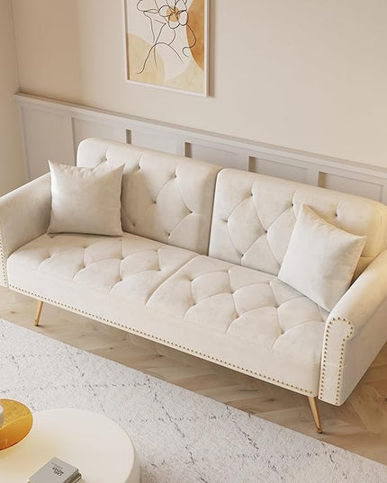 Button Tufted Upholstered Convertible Folding Sleeper Sofa Bed Futon Loveseat Couch Recliner Daybed with Adjustable and Nailhead Trim for Living Room, Bedroom, Beige 69.7" - LeafyLoom