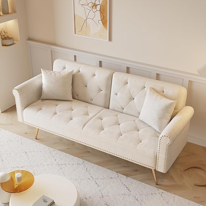 Button Tufted Upholstered Convertible Folding Sleeper Sofa Bed Futon Loveseat Couch Recliner Daybed with Adjustable and Nailhead Trim for Living Room, Bedroom, Beige 69.7" - LeafyLoom