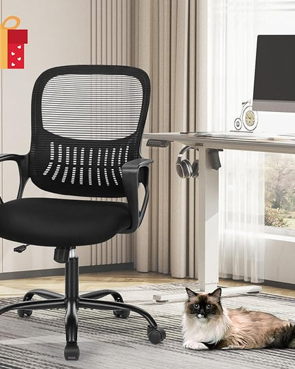 SMUG Office Computer Desk Chair, Ergonomic Mid-Back Mesh Rolling Work Swivel Task Chairs with Wheels, Comfortable Lumbar Support, Comfy Arms for Home, Bedroom, Study, Dorm, Student, Adults, Black - LeafyLoom
