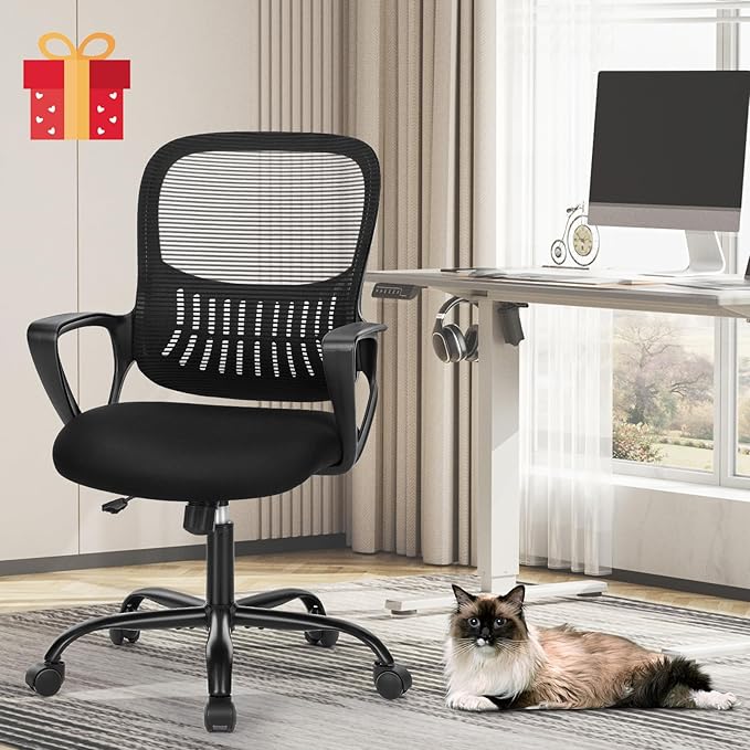 SMUG Office Computer Desk Chair, Ergonomic Mid-Back Mesh Rolling Work Swivel Task Chairs with Wheels, Comfortable Lumbar Support, Comfy Arms for Home, Bedroom, Study, Dorm, Student, Adults, Black - LeafyLoom