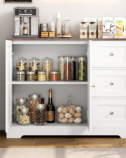 Farmhouse Buffet Cabinet with Storage, 41.3" Kitchen Cabinet with 3 Drawers and Shelves, Storage Cabinet or Kitchen, Home bar - LeafyLoom