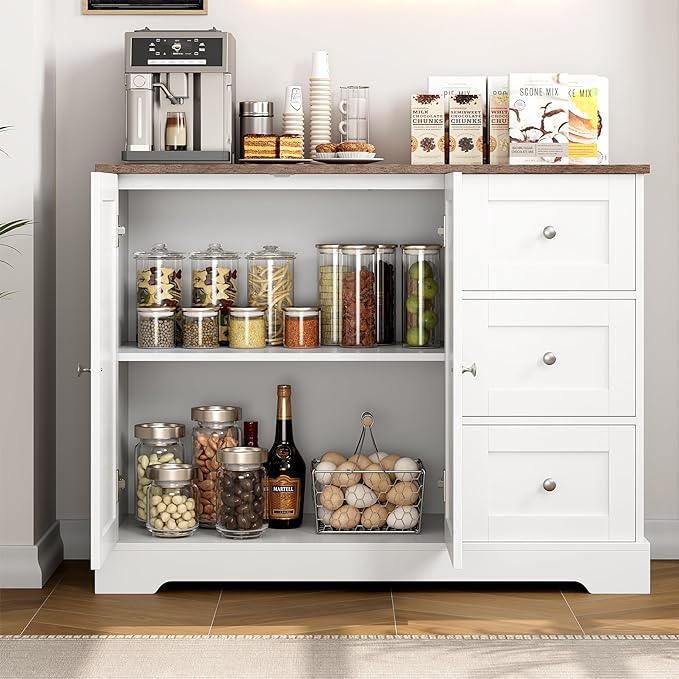Farmhouse Buffet Cabinet with Storage, 41.3" Kitchen Cabinet with 3 Drawers and Shelves, Storage Cabinet or Kitchen, Home bar - LeafyLoom