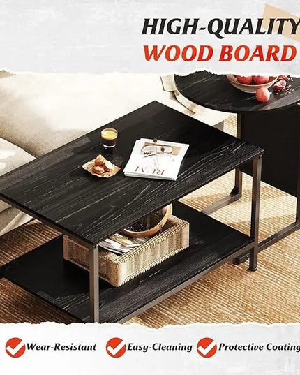 WLIVE Coffee Table and End Table Set, 31.3" Center Table and 18.7" Small Round Coffee Table with Side Pouch, Wood Nesting Coffee Table for Living Room, Bedroom, Charcoal Black - LeafyLoom