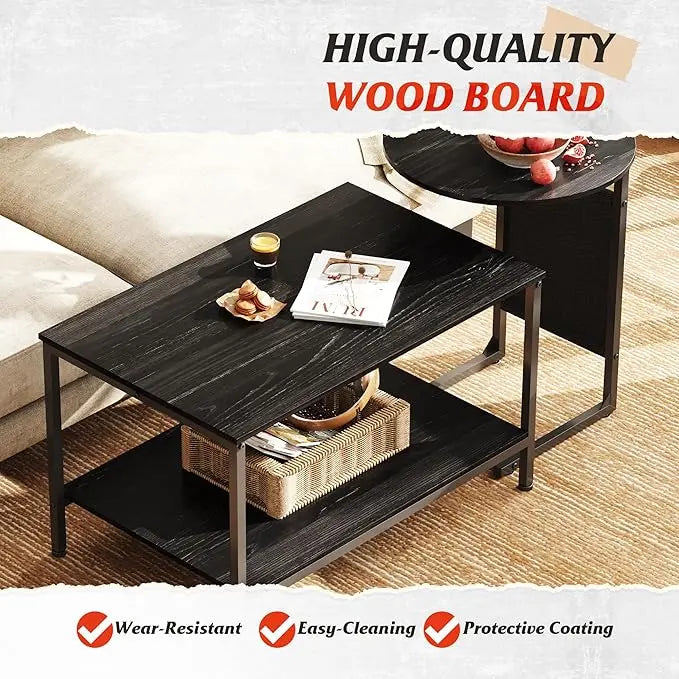 WLIVE Coffee Table and End Table Set, 31.3" Center Table and 18.7" Small Round Coffee Table with Side Pouch, Wood Nesting Coffee Table for Living Room, Bedroom, Charcoal Black - LeafyLoom