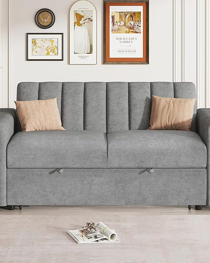 3 in 1 Oversized Convertible Loveseat Sleeper Sofa Bed,Contemporary Channel Tufted Love Seats Sofabed W/Pull Out Sleep Couch,Thicker Cushions and Padded Armrests for Living Room, 61", Grey-368 - LeafyLoom