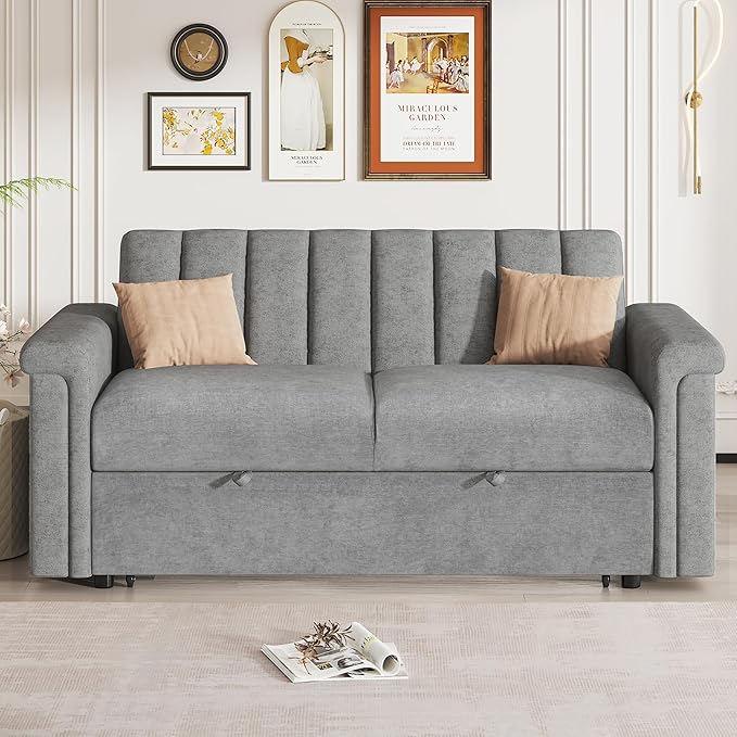 3 in 1 Oversized Convertible Loveseat Sleeper Sofa Bed,Contemporary Channel Tufted Love Seats Sofabed W/Pull Out Sleep Couch,Thicker Cushions and Padded Armrests for Living Room, 61", Grey-368 - LeafyLoom
