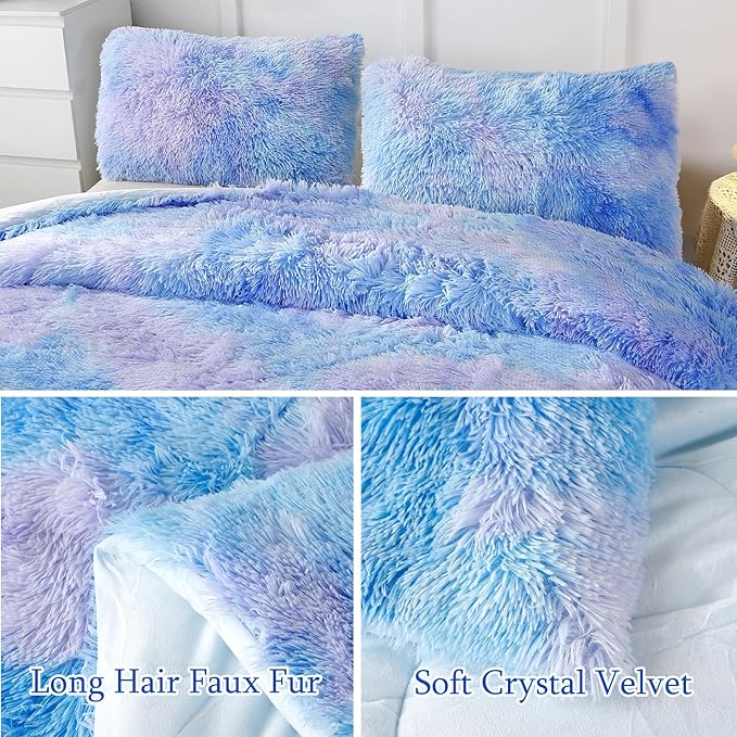 WINLIFE Shaggy Bedding Comforter Set Faux Fur Flannel Furry Comforter Microfiber Plush Comforter Sets Pastel Gradient Ombre Tie Dye MultiColor Bedding for Girls Adults (3Pcs, Twin, Purple Blue) - LeafyLoom