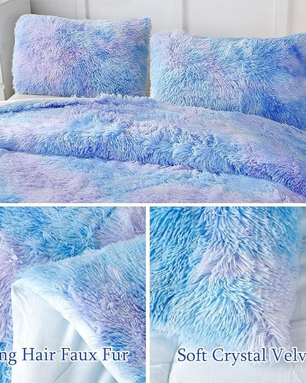 WINLIFE Shaggy Bedding Comforter Set Faux Fur Flannel Furry Comforter Microfiber Plush Comforter Sets Pastel Gradient Ombre Tie Dye MultiColor Bedding for Girls Adults (3Pcs, Queen, Purple Blue) - LeafyLoom