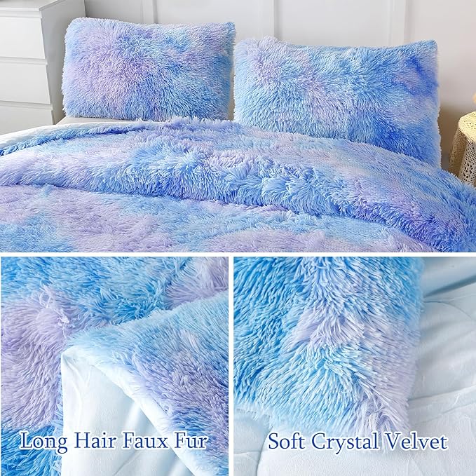 WINLIFE Shaggy Bedding Comforter Set Faux Fur Flannel Furry Comforter Microfiber Plush Comforter Sets Pastel Gradient Ombre Tie Dye MultiColor Bedding for Girls Adults (3Pcs, Queen, Purple Blue) - LeafyLoom