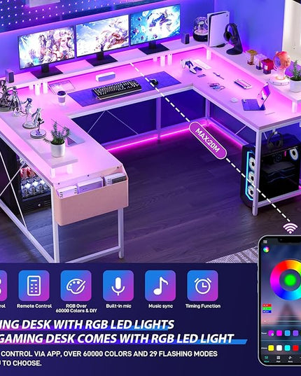 U Shaped Computer Gaming Desk, Reversible L Shaped Desk with Power Outlets, LED Strip & Monitor Stand, Large Corner Desk with Storage Shelves for Home Office,Deep Pink - LeafyLoom