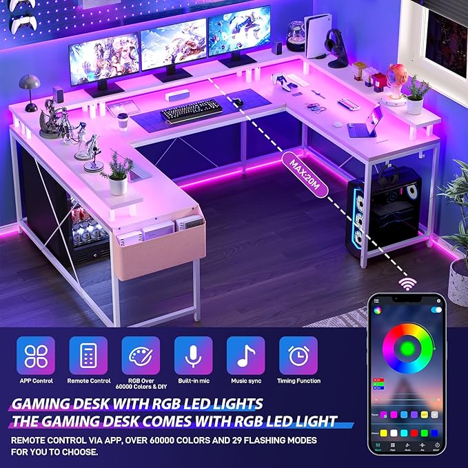 U Shaped Computer Gaming Desk, Reversible L Shaped Desk with Power Outlets, LED Strip & Monitor Stand, Large Corner Desk with Storage Shelves for Home Office,Deep Pink - LeafyLoom
