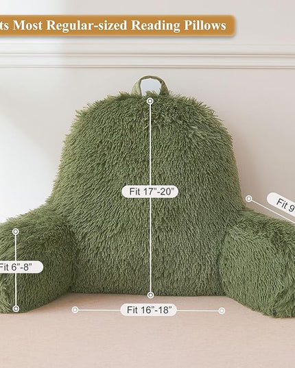 XeGe Faux Fur Reading Pillow Cover (No Filler), Fluffy Back Rest Pillow Case for Bed Sitting Up, Adults Kids Shaggy Sit Up Back Support Pillow Cover with Arms Couch Chair Home Decoration, Sage Green - LeafyLoom