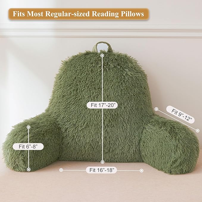 XeGe Faux Fur Reading Pillow Cover (No Filler), Fluffy Back Rest Pillow Case for Bed Sitting Up, Adults Kids Shaggy Sit Up Back Support Pillow Cover with Arms Couch Chair Home Decoration, Sage Green - LeafyLoom