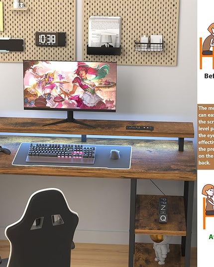 Computer Desk with Drawer and Power Outlets, Gaming Desk with LED Light, Work Desk with Shelves and PC Stand for Home Office (Rustic Brown) - LeafyLoom