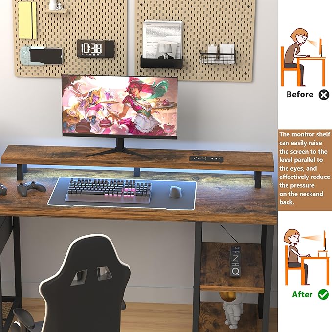 Computer Desk with Drawer and Power Outlets, Gaming Desk with LED Light, Work Desk with Shelves and PC Stand for Home Office (Rustic Brown) - LeafyLoom