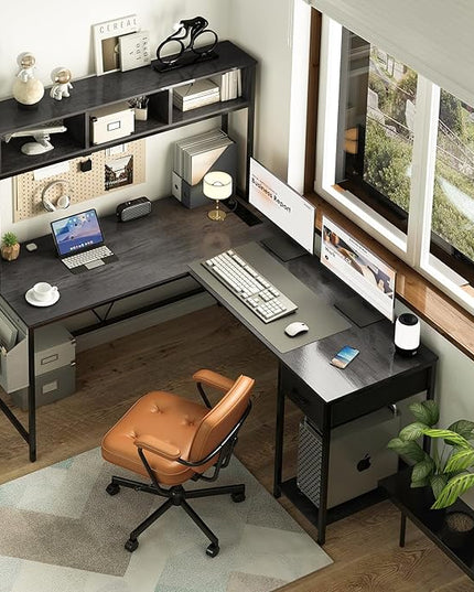 Yoobure L Shaped Desk Gaming Desk with LED Strip & Power Outlet, Reversible L-Shaped Computer Desk with Storage Shelf & Drawer, Corner Desk with Storage Bag, 2 Person Home Office Desk, Gray - LeafyLoom