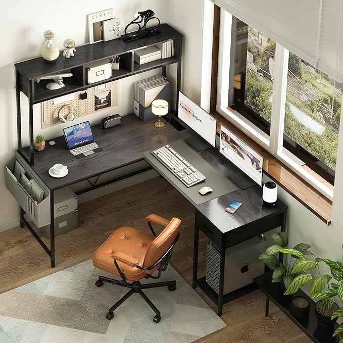 Yoobure L Shaped Desk Gaming Desk with LED Strip & Power Outlet, Reversible L-Shaped Computer Desk with Storage Shelf & Drawer, Corner Desk with Storage Bag, 2 Person Home Office Desk, Gray - LeafyLoom