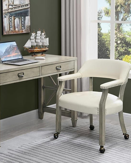 Large Dining Chairs with Casters and Arms, Rolling Dining Chairs with Wheels, Accent Game Poker Table Chairs, Solid Wood Office Chairs, 26“Dx25.2 Wx31.5“H, Grey Legs & Ivory PU SY-1318-WT - LeafyLoom
