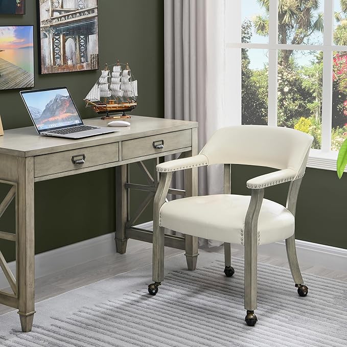 Large Dining Chairs with Casters and Arms, Rolling Dining Chairs with Wheels, Accent Game Poker Table Chairs, Solid Wood Office Chairs, 26“Dx25.2 Wx31.5“H, Grey Legs & Ivory PU SY-1318-WT - LeafyLoom