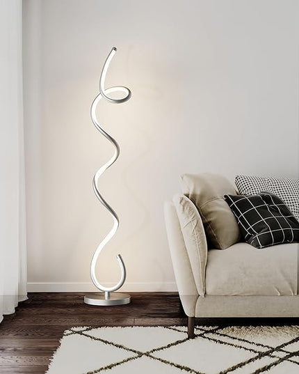 Modern Floor Lamps for Living Room, LED 53" Tall 30W Silver Spiral Corner Floor Lamp with Remote, 3 Color Temperature, Stepless Dimmable, Bright Standing Lamp for Bedroom Home Office Deco - LeafyLoom