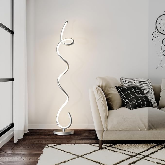 Modern Floor Lamps for Living Room, LED 53" Tall 30W Silver Spiral Corner Floor Lamp with Remote, 3 Color Temperature, Stepless Dimmable, Bright Standing Lamp for Bedroom Home Office Deco - LeafyLoom
