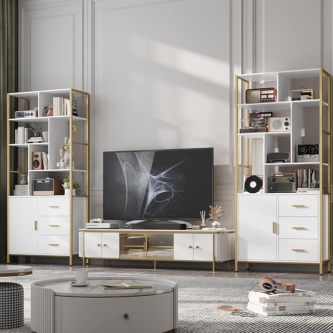 71.2 Inch Tall Bookshelf, Bookcase with door and 3 Drawers, Floor Standing Display Storage Shelves for Home Office, Living Room - LeafyLoom