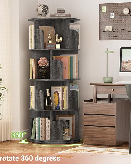 Rotating Bookshelf, Wood Corner Bookshelf, 360 Display Spinning Bookcase Storage Rack, 4 Tier Floor Standing Revolving Bookcase Narrow Book Shelf Organizer for Small Space, Bedroom, Grey Oak - LeafyLoom