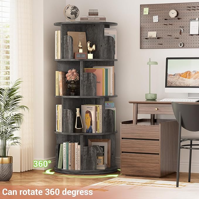 Rotating Bookshelf, Wood Corner Bookshelf, 360 Display Spinning Bookcase Storage Rack, 4 Tier Floor Standing Revolving Bookcase Narrow Book Shelf Organizer for Small Space, Bedroom, Grey Oak - LeafyLoom