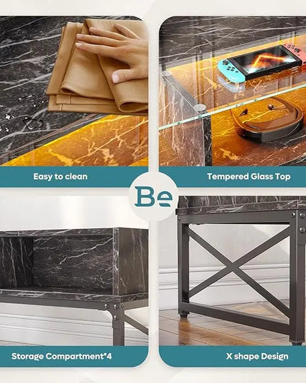 Bestier LED Coffee Tables for Living Room, 42 Inch Large Living Room Center Table, Smart Gaming Tea Tables for Home Office, Modern Style Black Faux Marble - LeafyLoom
