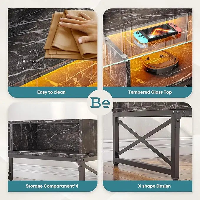Bestier LED Coffee Tables for Living Room, 42 Inch Large Living Room Center Table, Smart Gaming Tea Tables for Home Office, Modern Style Black Faux Marble - LeafyLoom
