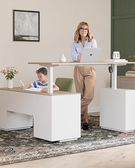 FEZIBO 63" L Shaped Executive Standing Desk with 3-Drawer File Cabinet, Electric Height Adjustable Stand up Desk for Home Office, Computer Desk with Storage Cabinets, White Frame Light Walnut Top - LeafyLoom