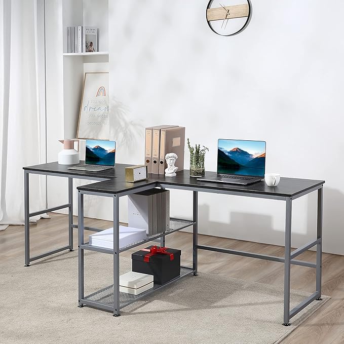 HOMCOM 83" Two Person Computer Desk with 2 Storage Shelves, Double Desk Workstation with Book Shelf, Long Desk Table for Home Office, Black - LeafyLoom