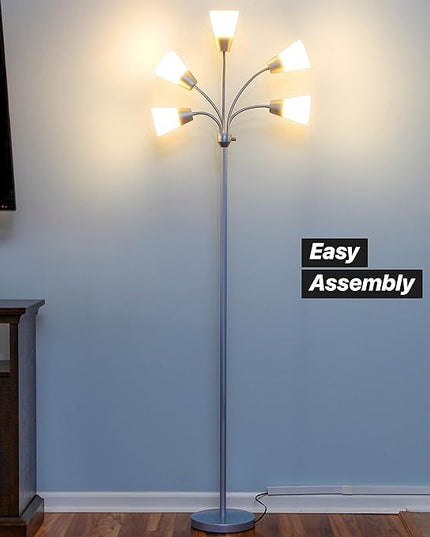 Brightech Medusa Modern LED Floor Lamp – Multi Head Floor Lamp for Living Rooms & Offices – Tall Lamp with Interchangeable Shade, Standing Lamp with 5 LED Bulbs for Hobbies - Silver - LeafyLoom