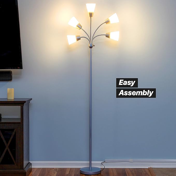 Brightech Medusa Modern LED Floor Lamp – Multi Head Floor Lamp for Living Rooms & Offices – Tall Lamp with Interchangeable Shade, Standing Lamp with 5 LED Bulbs for Hobbies - Silver - LeafyLoom