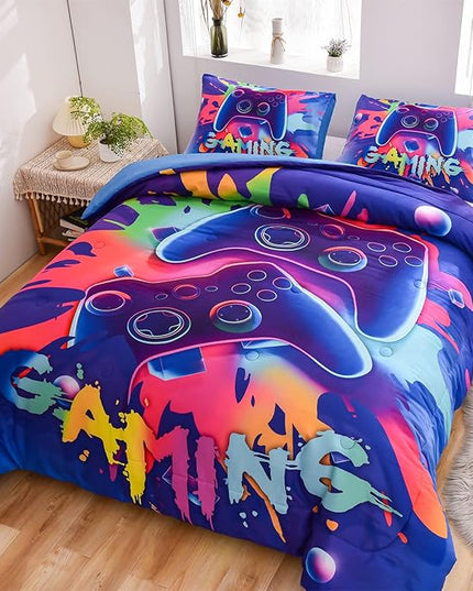 Aimuan Gaming Comforter Sets for Boys Kids Bedding Sets Video Games Console Action Buttons Novelty Colorful Game Gamepad Controller Modern Gamer Room Decor Home Quilt Set (Full, Purple) - LeafyLoom