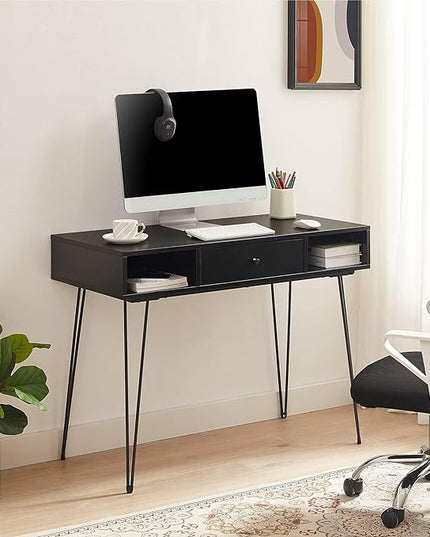 VECELO 39.3" Home Office Work Table with 3 Drawers Computer Desk Writing/Study, 39 Inch Hairpin Legs, Dark Black - LeafyLoom