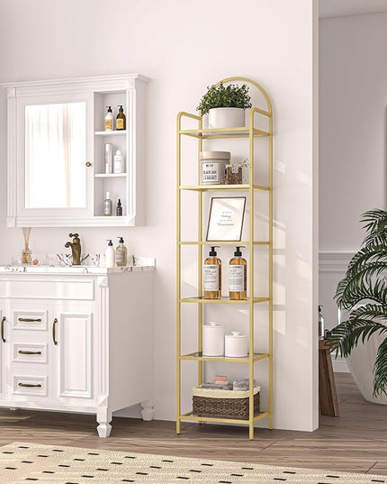 Bookcase Bookshelf, Tempered Glass Bookshelves, Slim Shelving Unit for Bedroom, Bathroom, Home Office, Steel Frame, 6 Tier Gold BC10601G - LeafyLoom