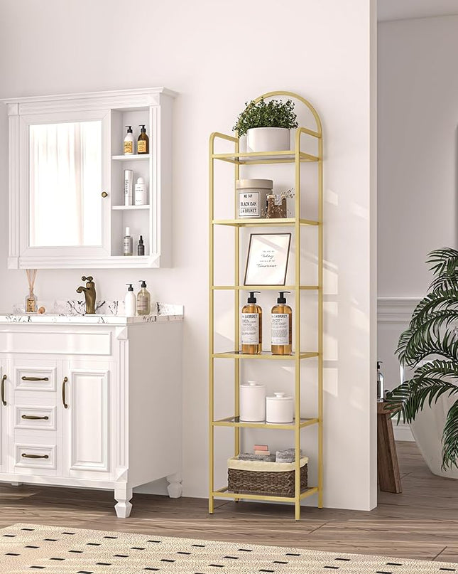 Bookcase Bookshelf, Tempered Glass Bookshelves, Slim Shelving Unit for Bedroom, Bathroom, Home Office, Steel Frame, 6 Tier Gold BC10601G - LeafyLoom