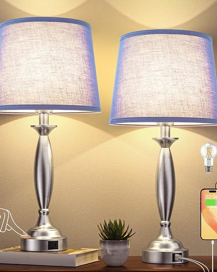 Blue Lamps for Bedrooms Set of 2 - Touch Control Bedside Lamp with USB C+A, 3 Way Dimmable Nightstand Lamps with USB Port, Table Lamp for Living Room(Blue Shade and Nickel Base) - LeafyLoom