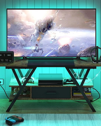 Yusong 65 inch LED TV Stand, Entertainment Center Gaming TV Table with Outlets, Up to 65" Media Console for Living Room, 29+DIY Dynamic RGB Modes, Rustic Brown and Black - LeafyLoom