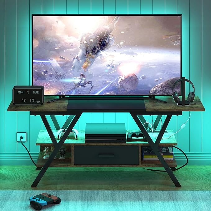 Yusong 65 inch LED TV Stand, Entertainment Center Gaming TV Table with Outlets, Up to 65" Media Console for Living Room, 29+DIY Dynamic RGB Modes, Rustic Brown and Black - LeafyLoom