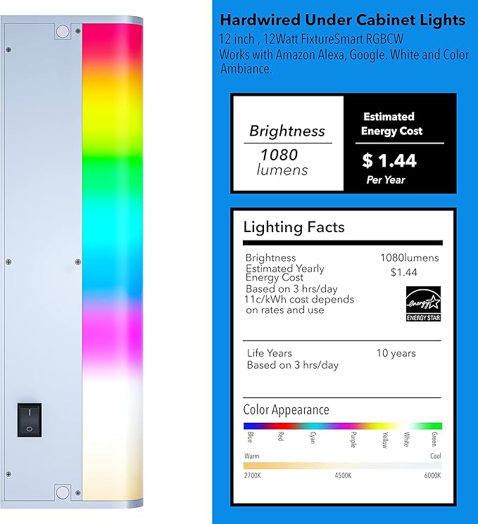 LED Smart Under Cabinet Lights Hardwired or Plug in White and Color Ambiance Dimmable with Remote Control Work with Amazon Alexa, Google App Controlled Under Counter Lighting (12 Inch) LAMPAOUS
