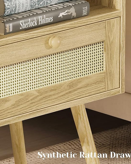 SUPERJARE Nightstand with Charging Station & Rattan-Like Decor Drawer, Rattan End Table with Solid Wood Feet, Bed Side Table with Open Storage, for Bedroom, Living Room, Dormitory - Natural - LeafyLoom